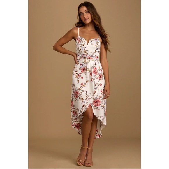 NWOT Lulus My Favorite Day Ivory Floral Print Tulip Skirt Midi Dress - Picture 1 of 8